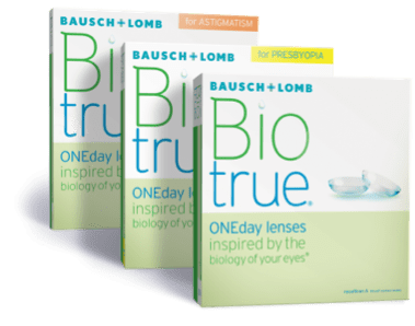 Box lineup of Biotrue ONEday daily contact lenses